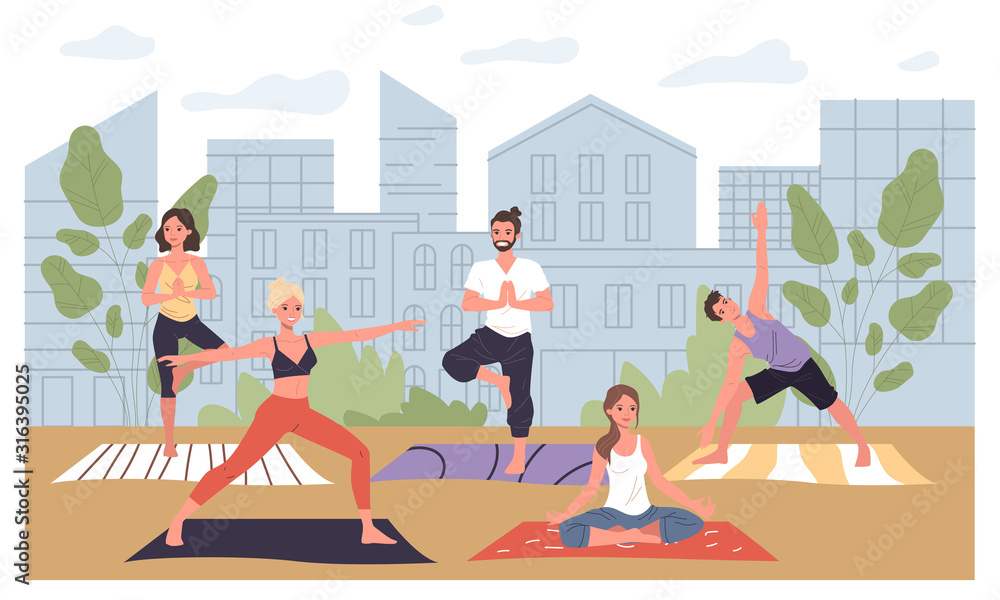 Obraz premium Outdoor yoga workout. Active people practicing in city park flat vector illustration. Body training, activity, wellness concept for banner, website design or landing web page