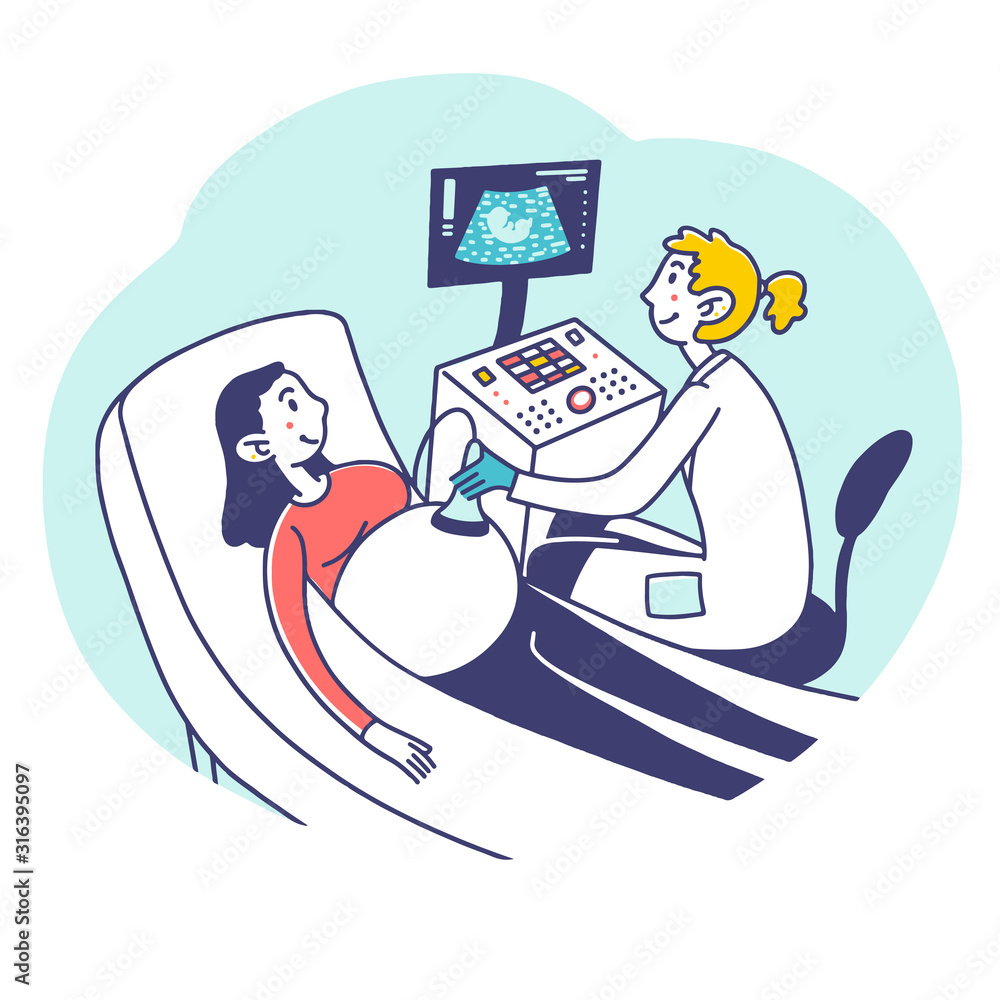 Pregnant woman visiting doctor. Ultrasound pregnancy screening flat vector illustration. Gynecologist, expecting, technology concept for banner, website design or landing web page