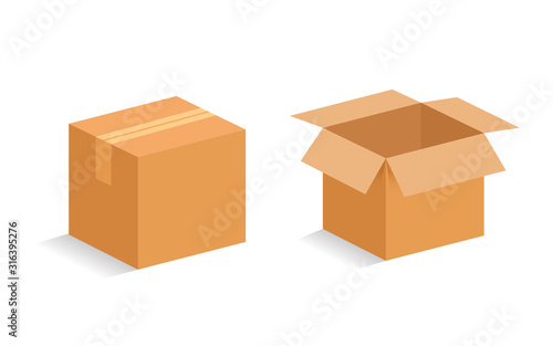 Opened and closed cardboard box. Vector illustration. photo
