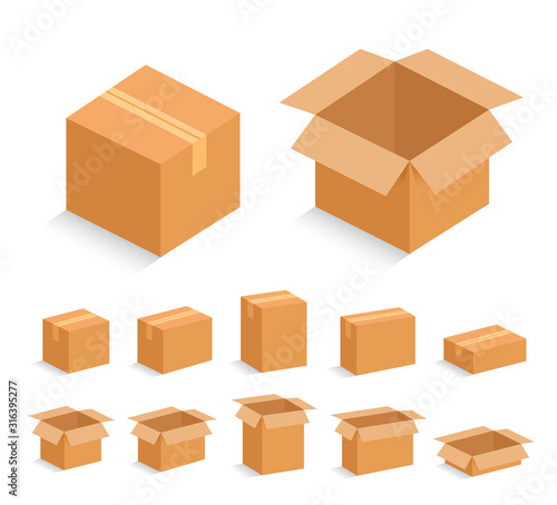 Opened and closed cardboard box. Vector illustration.