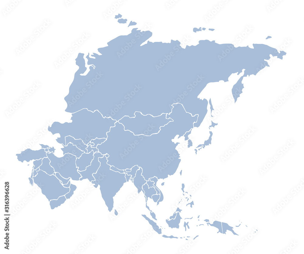 Asia. Continent with the contours of the countries. Vector drawing