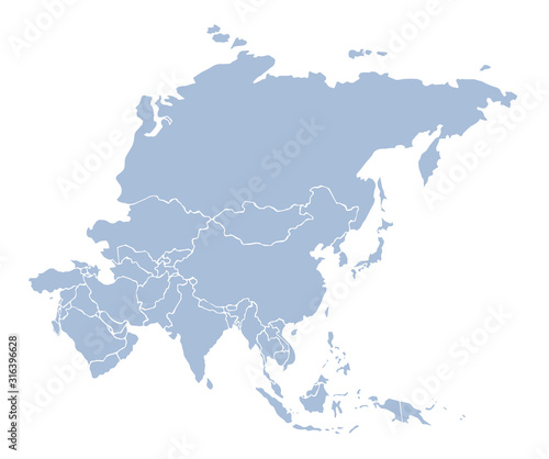 Asia. Continent with the contours of the countries. Vector drawing