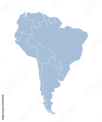 South America continent with contours of countries. Vector drawing