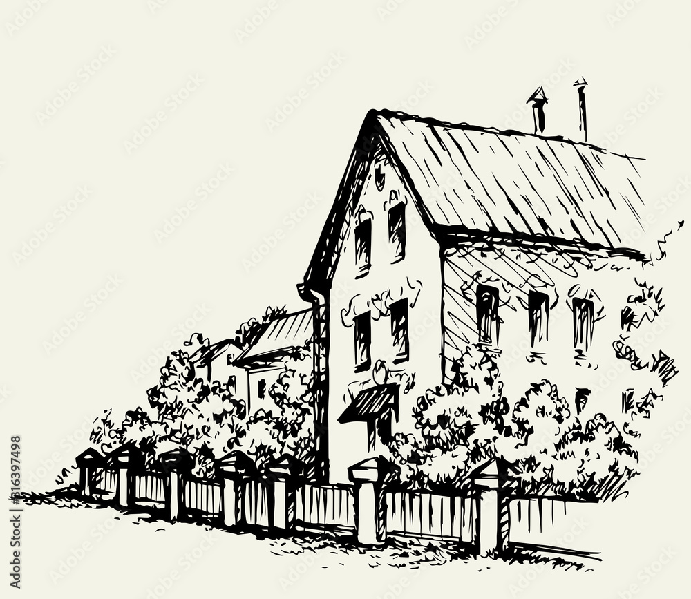 Cozy rural house. Vector sketch