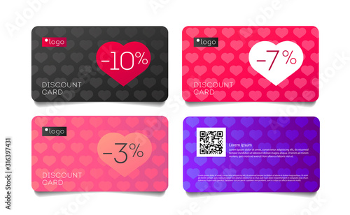 Set of discout cards for Valentines Day promo with heart simple pattern and sale per cent in heart shape, vouchers, other printed and web materials.