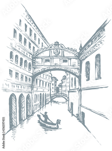 Street canal in Venice. Vector drawing