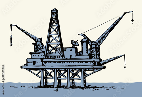 Offshore oil rig. Vector ink style illustration