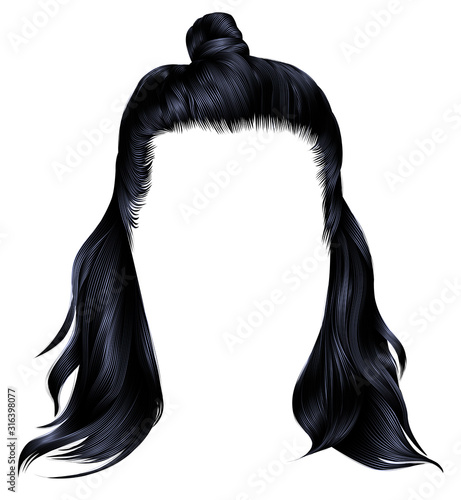 trendy hairs black brunette colors .  kare with hun. beauty fashion.HALF-BUN