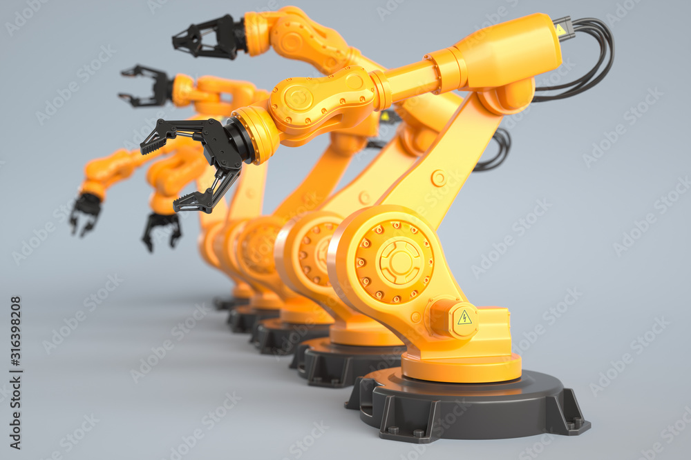 Industrial robot arms in a row