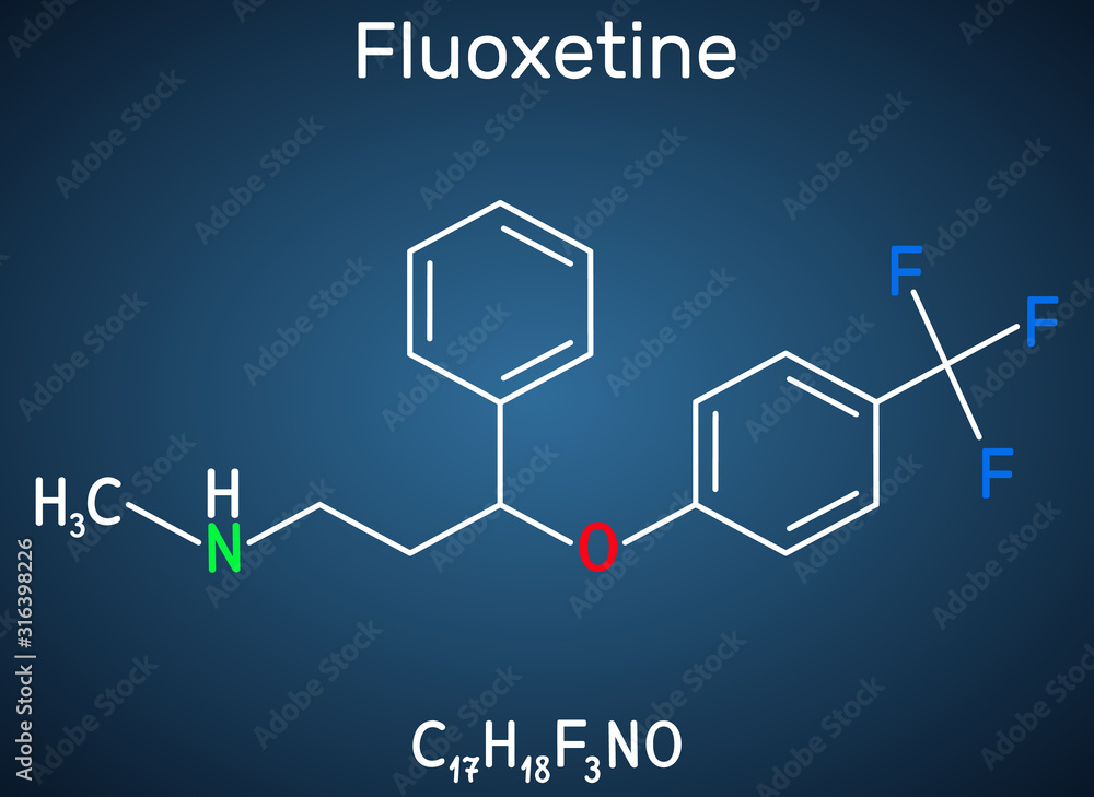 Fluoxetine molecule, is antidepressant of the selective serotonin reuptake inhibitor SSRI. Structural chemical formula on the dark blue background