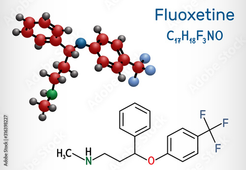 Fluoxetine molecule, is antidepressant of the selective serotonin reuptake inhibitor SSRI. Structural chemical formula and molecule model