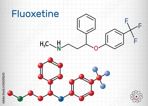 Fluoxetine molecule, is antidepressant of the selective serotonin reuptake inhibitor SSRI. Structural chemical formula and molecule model. Sheet of paper in a cage
