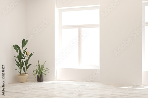 Empty room in white color. Scandinavian interior design. 3D illustration