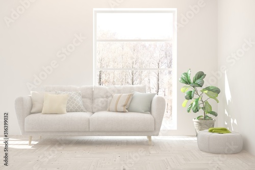 Stylish room in white color with sofa and winter landscape in window. Scandinavian interior design. 3D illustration