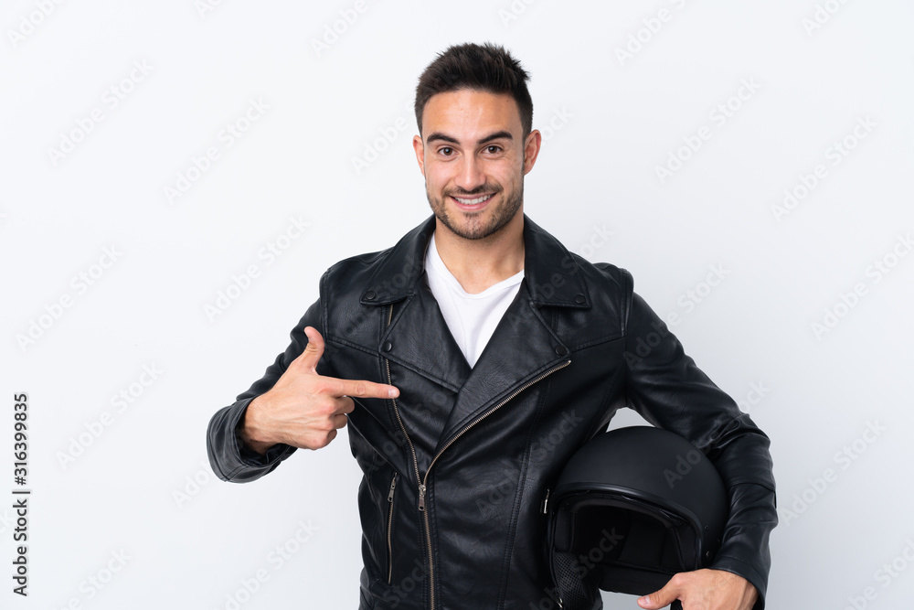 Man with a motorcycle helmet proud and self-satisfied Man with a motorcycle helmet proud and self-satisfied