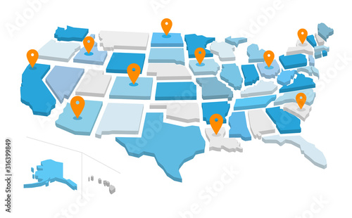 Mappa degli stati uniti d'america con icone gps. Illustrazione vettoriale isolata sullo sfondo bianco