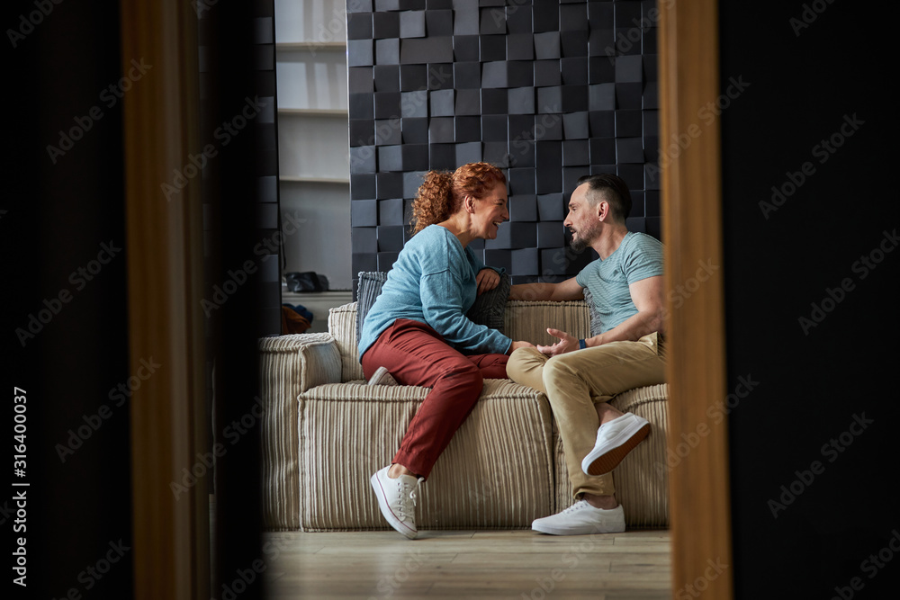 Merry couple chatting in living room stock photo