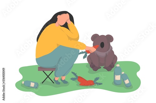 Woman volunteer feeds a koala with a carrot. The concept of caring for forest animals and protecting the ecosystem. Colorful vector illustration in flat style.