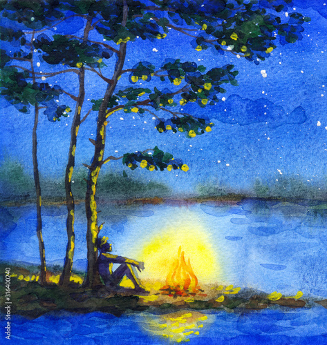 Fototapeta Naklejka Na Ścianę i Meble -  Watercolor night landscape. Bonfire by the river