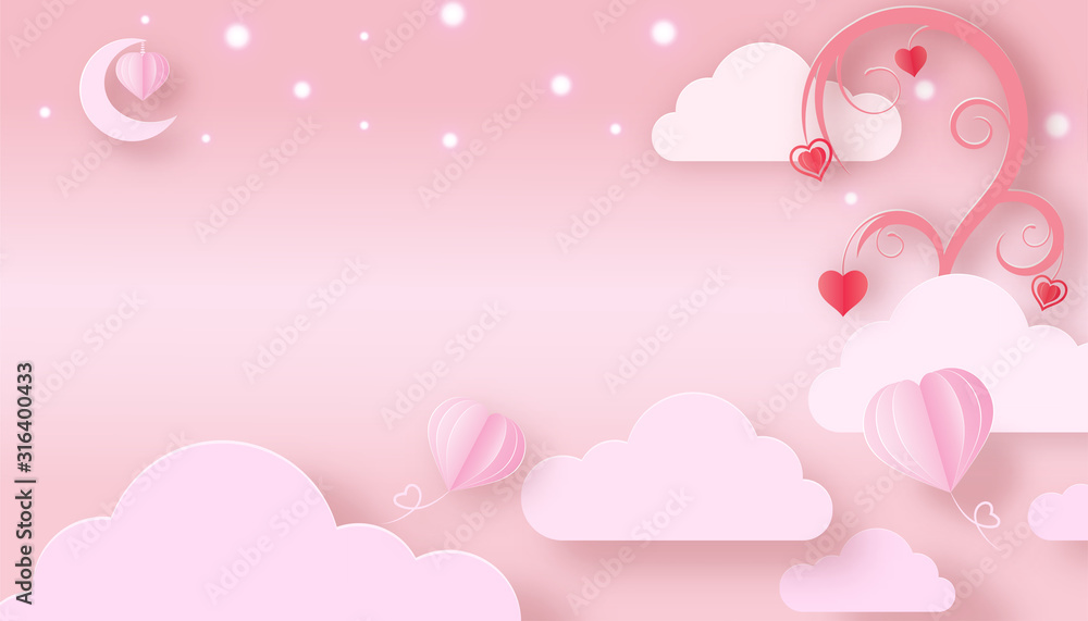 Valentine's day concept with pink paper hearts hanging on tree branch and flying on sky,valentine balloon flying on clouds, Paper cut style, Vector symbols of love, soft pink gradient background Valentine's day concept with pink paper hearts hanging on tree branch and flying on sky,valentine balloon flying on clouds, Paper cut style, Vector symbols of love, soft pink gradient background