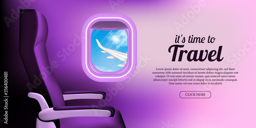 it's time to travel poster banner template. illustration of inside plane cabin with seat and porthole window with blue sky and airplane wing view. modern purple neon color.