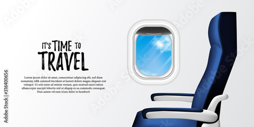 it's time to travel poster banner template. illustration of inside plane cabin with seat and porthole window with blue sky view.