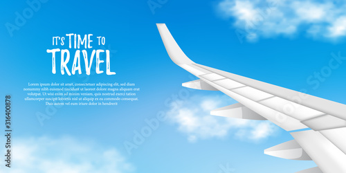 view from airplane with blue sky and aircraft wings. travel and vacation tourist ads template