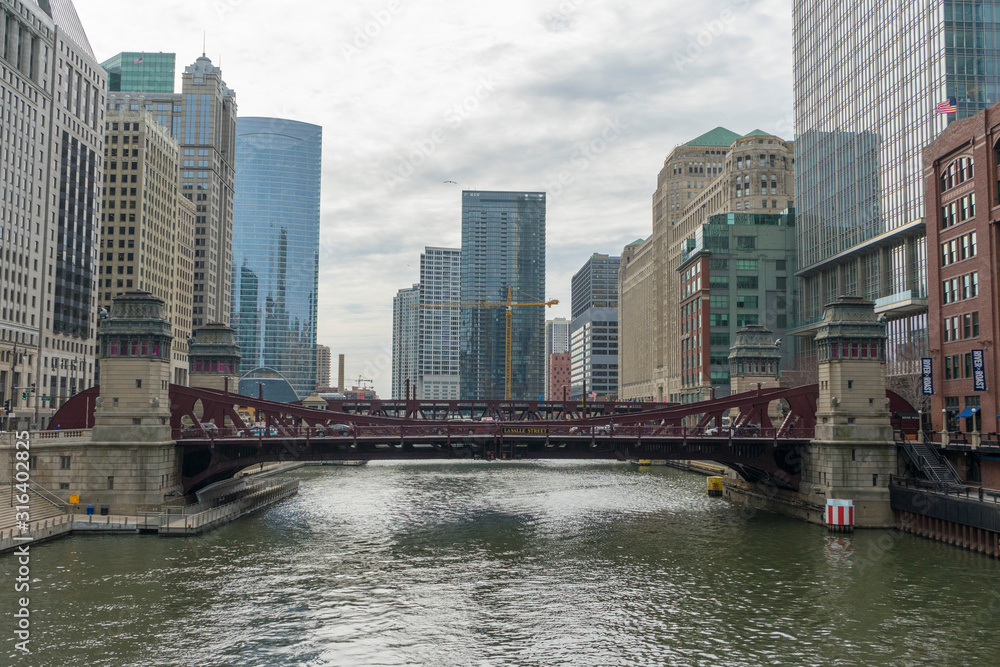 Chicago Skyline. Chicago downtown and Chicago River with bridges, Chicago city, USA.