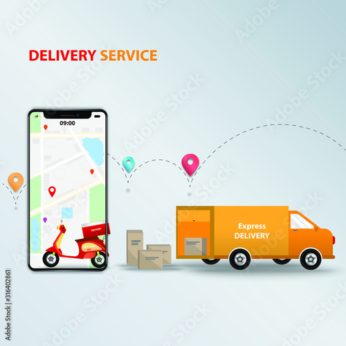 Business concept of logistic and express delivery service, deliver by motorccycle and van, online tracking by use an application on mobile in the background of route of the shipment and gray color.
