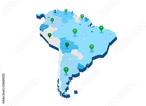 Mappa 3d dell'America del Sud con pin gps - illustrazione vettoriale	