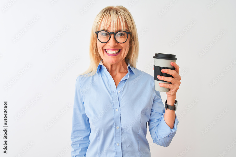 Middle age businesswoman wearing glasses drinking coffee over isolated white background with a happy face standing and smiling with a confident smile showing teeth Middle age businesswoman wearing glasses drinking coffee over isolated white background with a happy face standing and smiling with a confident smile showing teeth