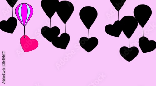 Flight on strong contrasts between color and shadows. Group of hearts flying in a hot air balloon. Illustration on light background. Feelings in the air.