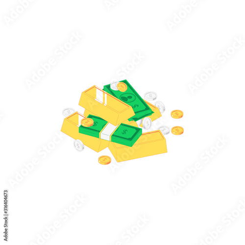 Isometric money heap. Vector illustration of coins and shining golden bars