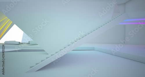 Abstract architectural white interior of a minimalist house with colored neon lighting. 3D illustration and rendering.