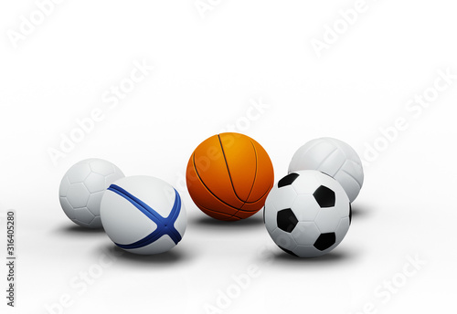 View of Five team sport balls