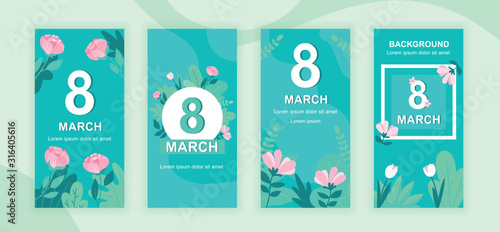 International Womens Day social media stories design templates vector set, backgrounds with copyspace - 8 March - backdrop for vertical banner, poster, greeting card - holiday congratulation concept