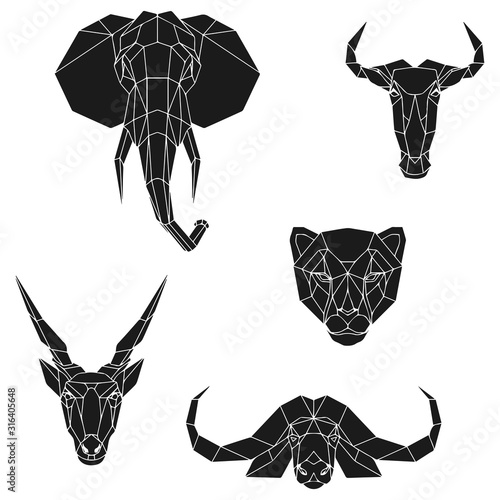 The black geometric heads of elephant, blue wildebeest, cheetah, eland antelope and cape buffalo. Set polygonal abstract animals of Africa. Vector illustration.