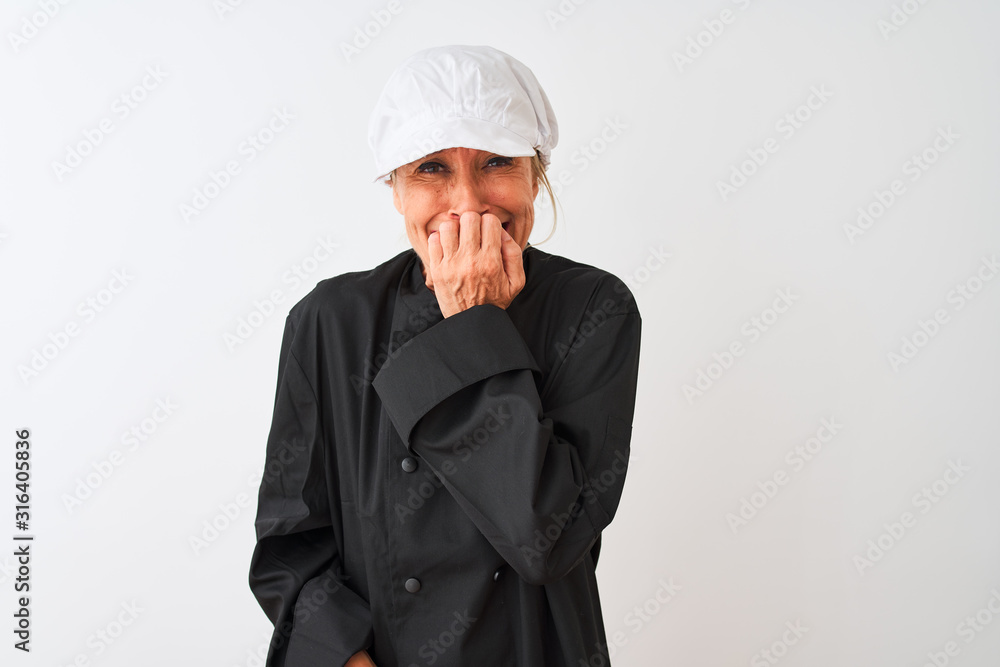 Middle age chef woman wearing uniform and cap standing over isolated white background looking stressed and nervous with hands on mouth biting nails. Anxiety problem. Middle age chef woman wearing uniform and cap standing over isolated white background looking stressed and nervous with hands on mouth biting nails. Anxiety problem.