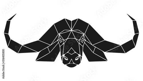 The black geometric head of cape buffalo, african bull. Polygonal abstract animal of Africa. Vector illustration.