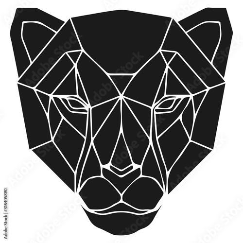 The black geometric head of cheetah or panther. Polygonal abstract animal of Africa. Vector illustration.