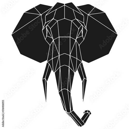 The black geometric head of elephant. Polygonal abstract animal of Africa. Vector illustration.