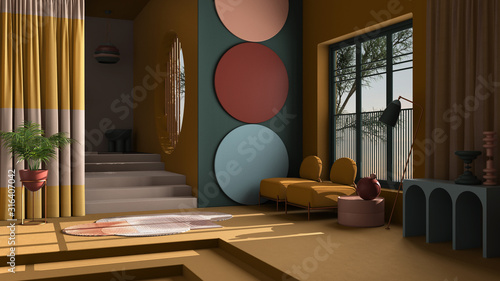 Pastel colors and metaphysical abstract object for flat living room in classic space, concrete staircase and yellow walls, armchairs, potted plant, carpet and lamps, interior design