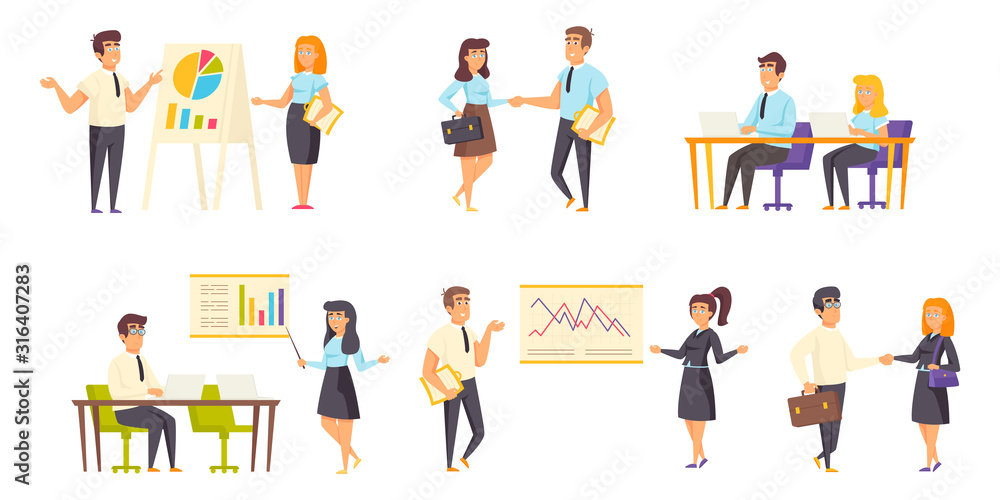 Business meeting flat vector illustrations set. Project discussion, negotiations, conference scenes bundle. Businessmen and businesswomen, office workers, managers cartoon characters collection Business meeting flat vector illustrations set. Project discussion, negotiations, conference scenes bundle. Businessmen and businesswomen, office workers, managers cartoon characters collection