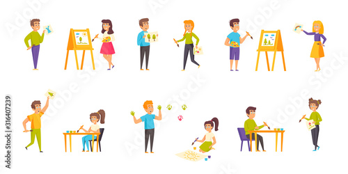 Painting children flat vector illustrations set. Art lesson, master class scenes bundle. Smiling people, boys and girls with easels, palettes and paint brushes cartoon characters collection