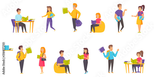 Students with books flat vector illustrations set. Study  tuition  education  seminar preparation scenes bundle. People with textbooks cartoon characters collection isolated on white background