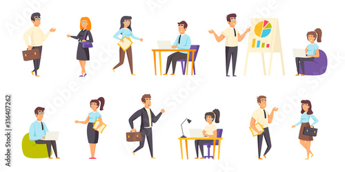 Businesspeople, office managers flat vector illustrations set. Project discussion, business meeting, conference scenes bundle. Busy people, businessmen and businesswomen cartoon characters collection