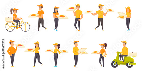 Pizza delivery flat vector illustrations set. Fast food, takeaway transportation scenes bundle. Male and female couriers, people with pizza boxes, pizza deliverymen cartoon characters collection