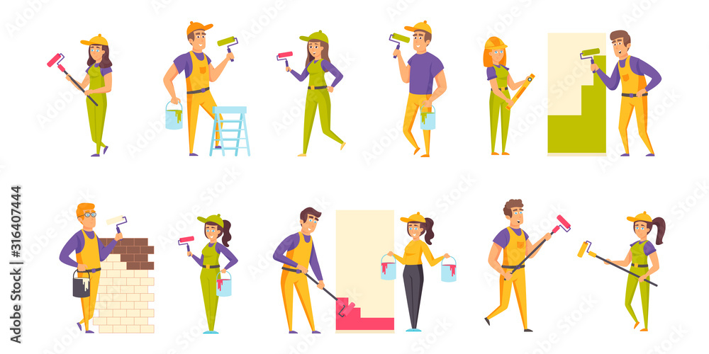 House painters flat vector illustrations set. Wall putty and painting scenes bundle. Male and female workers, people in helmets and uniform cartoon characters collection isolated on white background