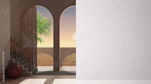 Foto Dreamy terrace, over sea panorama, palm trees, archways in rosy plaster, stairca