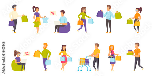 Shoppers flat vector illustrations set. Making purchases, shopping scenes bundle. People with clothes and shopping bags, byers cartoon characters collection isolated on white background